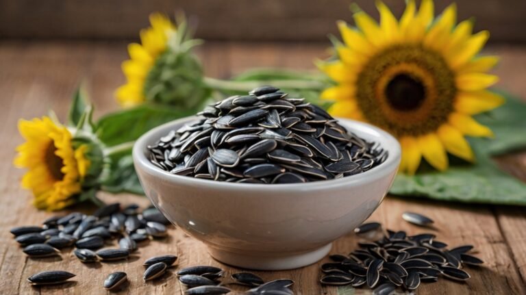 A white ceramic bowl filled with black sunflower seeds takes center stage on a rustic wooden surface. The seeds overflow slightly, spilling onto the table. Surrounding the bowl are three vibrant sunflowers in various stages of bloom, providing a visual connection to the seeds' origin. Green leaves add freshness to the composition. The contrast between the dark seeds and the bright yellow flowers is striking. This image beautifully captures the journey from sunflower to edible seed, showcasing the natural beauty of both the flower and its nutritious product. The warm wooden backdrop enhances the organic, farm-fresh appeal of the sunflower seeds.