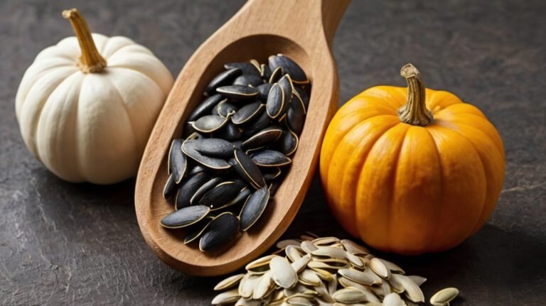 A wooden scoop filled with black sunflower seeds takes center stage, surrounded by seasonal elements. To the left, a small white pumpkin sits, while a vibrant orange pumpkin rests on the right. In the foreground, a small pile of hulled white sunflower seeds contrasts with the black seeds. All items are arranged on a dark, textured surface, likely slate or stone. The image showcases the variety of sunflower seeds alongside autumn decor, suggesting their versatility as both a seasonal snack and a year-round nutritious food. The warm tones of the wood and pumpkins complement the cool colors of the seeds and background.