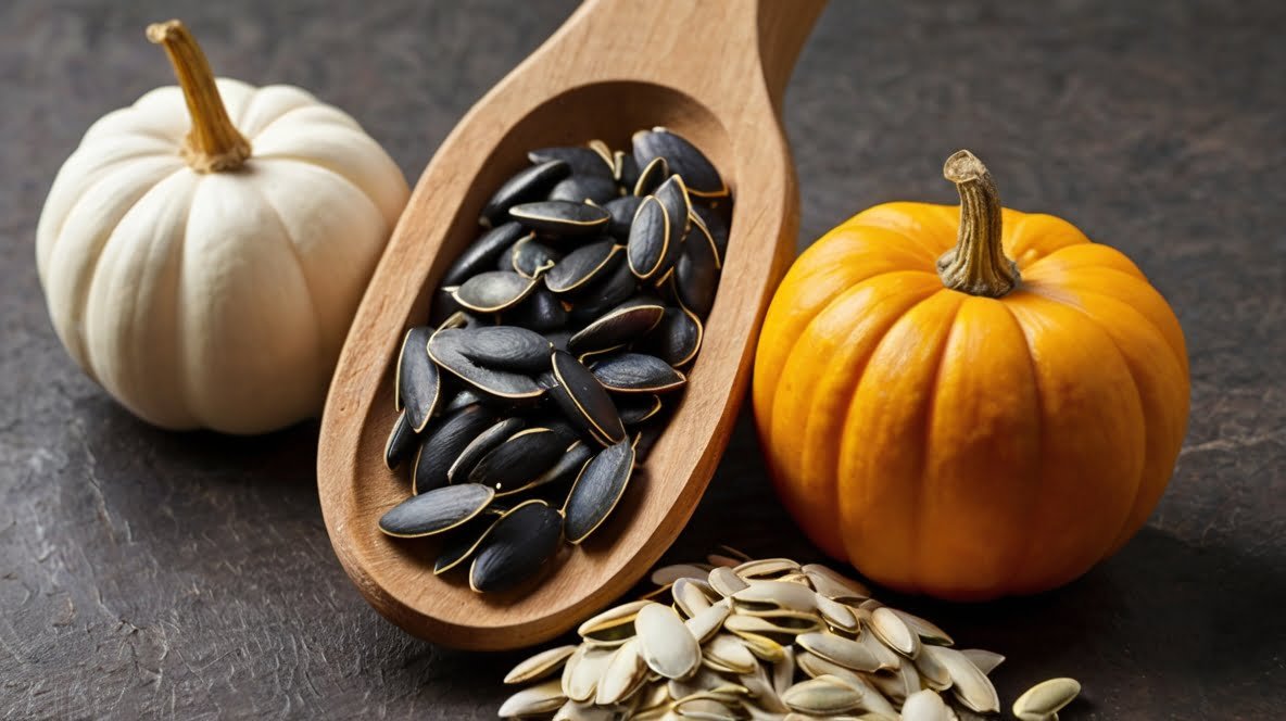 Sunflower Seeds vs. Pumpkin Seeds: Nature's Nutritional Powerhouses A wooden scoop filled with black sunflower seeds takes center stage, surrounded by seasonal elements. To the left, a small white pumpkin sits, while a vibrant orange pumpkin rests on the right. In the foreground, a small pile of hulled white sunflower seeds contrasts with the black seeds. All items are arranged on a dark, textured surface, likely slate or stone. The image showcases the variety of sunflower seeds alongside autumn decor, suggesting their versatility as both a seasonal snack and a year-round nutritious food. The warm tones of the wood and pumpkins complement the cool colors of the seeds and background.
