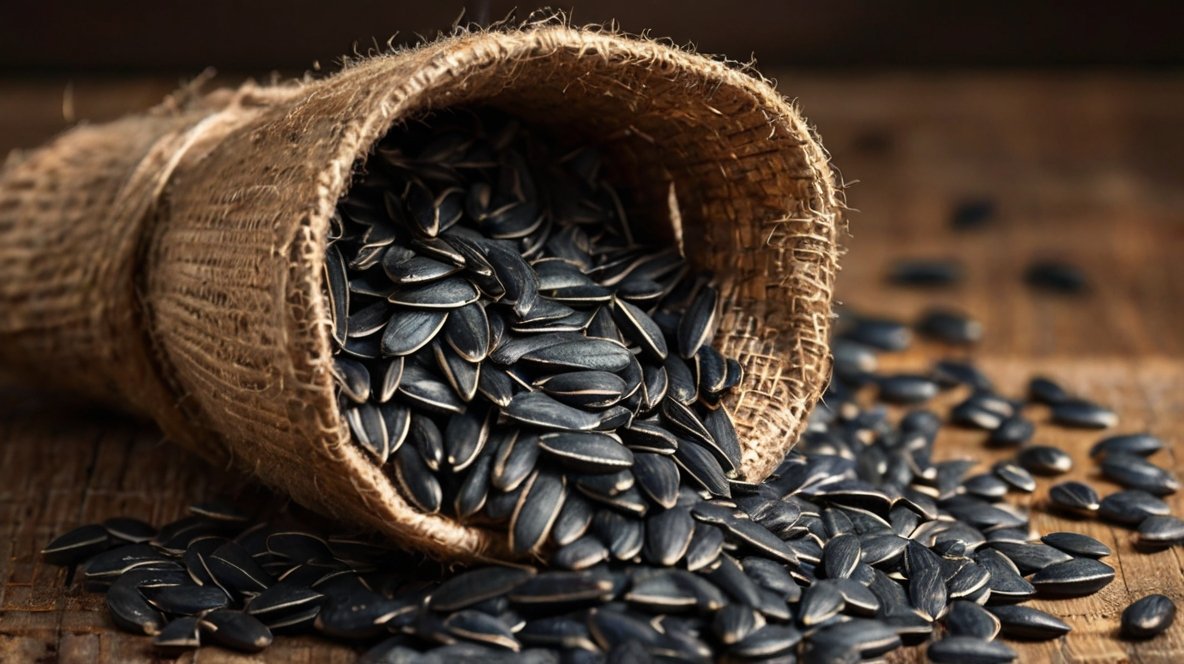 The Art of Sunflower Seed Packaging: XingYi Trading's Approach to Preserving Quality and Freshness A burlap sack overflows with glossy black sunflower seeds onto a weathered wooden surface. The contrast between the rough texture of the sack and the smooth, uniform shape of the sunflower seeds is striking. The seeds cascade out of the sack, creating a heap that showcases their abundance and quality. The warm, natural tones of the burlap and wood highlight the deep, rich color of the sunflower seeds. This image captures the rustic charm and natural goodness of freshly harvested sunflower seeds, ready for snacking or culinary use.