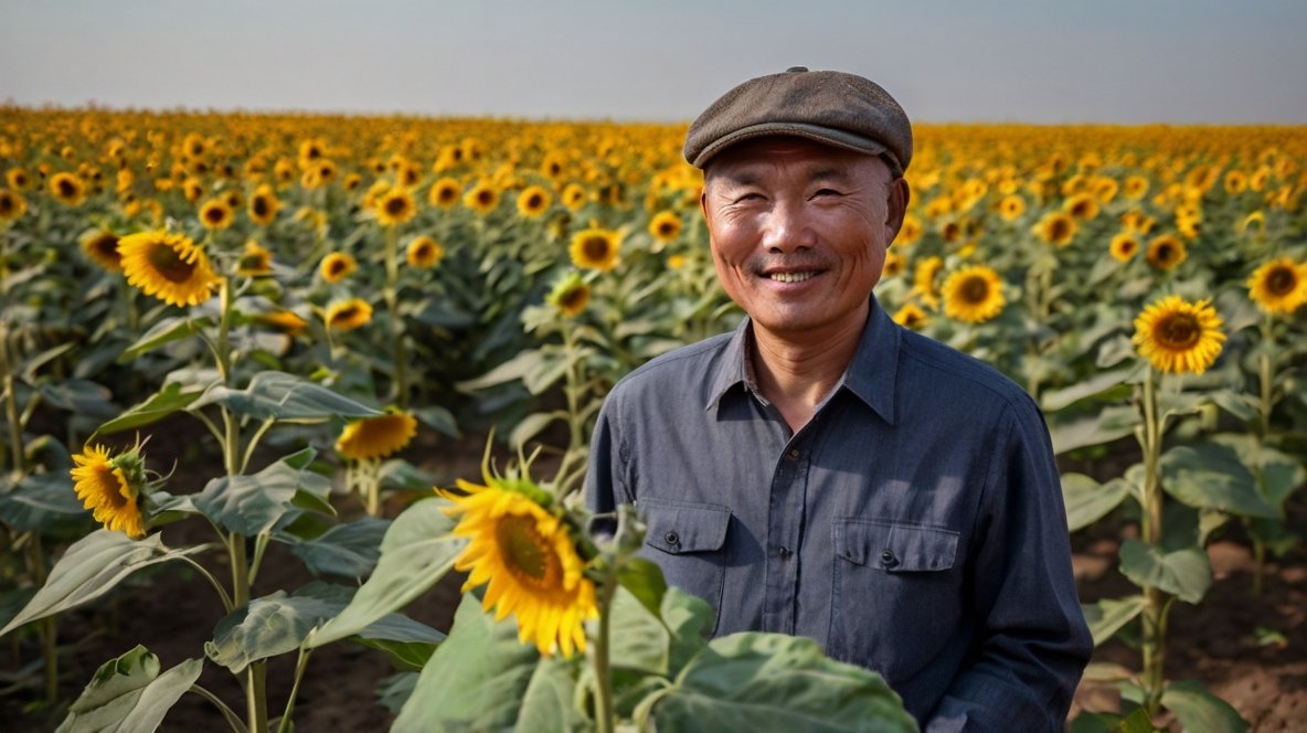 Sunflower Seed Export and Import: XingYi Trading's Global Impact A smiling middle-aged Asian man stands in a vast sunflower field. He wears a gray flat cap, a dark blue work shirt, and has a warm, friendly expression. Behind him, rows of tall sunflowers stretch to the horizon, their bright yellow blooms contrasting with the green leaves and stems. The sky is clear, creating a serene backdrop. The man's presence in the field conveys a sense of pride and expertise, representing XingYi Trading's commitment to quality sunflower cultivation.