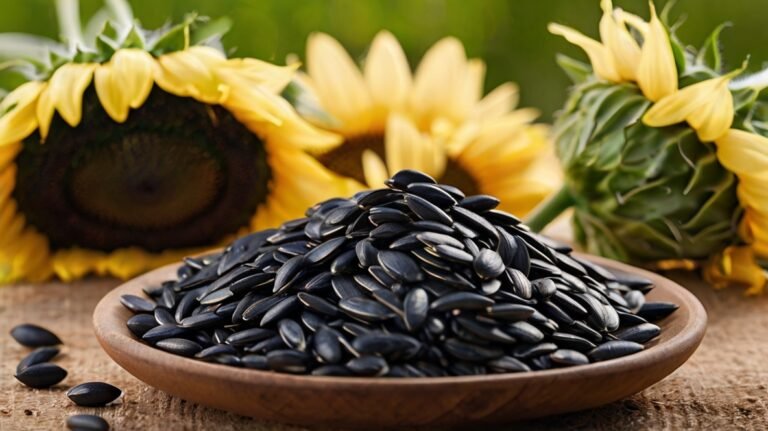 A wooden bowl overflows with glossy black sunflower seeds, set against a backdrop of vibrant yellow sunflowers. The seeds' distinctive elongated shape and striped edges are clearly visible, showcasing their quality. The contrast between the dark seeds and the bright sunflower petals is striking. Some seeds have spilled onto the rustic surface, emphasizing abundance. This image beautifully captures the journey from flower to seed, highlighting the natural origins of these nutritious snacks. The composition connects the seeds directly to their source, inviting viewers to appreciate both the aesthetic appeal and nutritional value of sunflower seeds. The warm, natural tones and textures emphasize the wholesome, premium quality of these seeds.