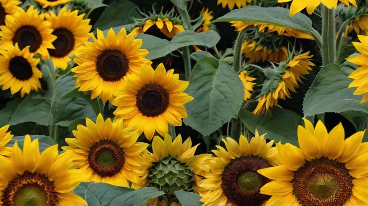 A vibrant close-up of multiple sunflowers in full bloom fills the frame. The image showcases a variety of sunflower sizes and stages, from fully open blooms with rich brown centers to younger flowers still unfurling their petals. The sunflowers' bright yellow petals contrast beautifully with their dark centers and the lush green leaves surrounding them. Some flowers face the camera directly, while others are seen from various angles, creating depth and visual interest. The dense arrangement of flowers and foliage demonstrates the health and vigor of XingYi Trading's sunflower crop, emphasizing their commitment to quality cultivation.