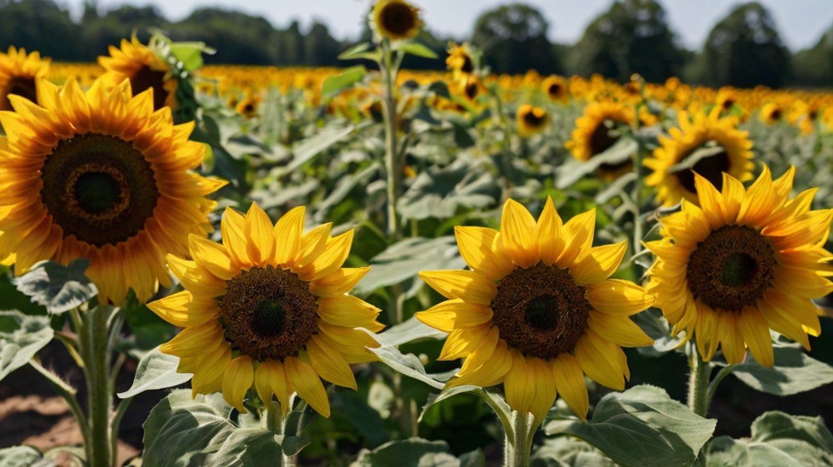 A stunning view of a vast sunflower field stretches out before the viewer. In the foreground, four large sunflowers dominate the frame, their vibrant yellow petals and rich brown centers in sharp focus. Behind them, rows upon rows of sunflowers extend into the distance, creating a sea of yellow and green. The sunflowers are at various stages of bloom, with some fully open and others still developing. Lush green leaves provide a striking contrast to the bright flowers. In the background, a line of trees is visible, framing the field and adding depth to the scene. The image captures the scale and beauty of XingYi Trading's sunflower cultivation, showcasing their commitment to quality and abundance.