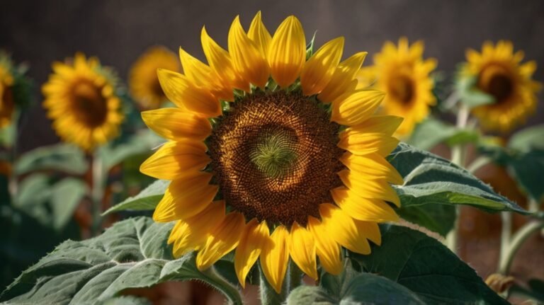 A close-up of a magnificent sunflower in full bloom dominates the foreground. Its vibrant yellow petals radiate outward, framing a large, intricate brown center with a mesmerizing spiral pattern. The flower's details are crisp and clear, from the texture of the petals to the complex structure of the center. Behind the main sunflower, several others can be seen slightly out of focus, creating depth in the image. Lush green leaves surround the flowers, indicating healthy, well-nurtured plants. The background is softly blurred, emphasizing the beauty of the main subject. This image showcases the natural beauty and perfection of sunflowers, highlighting the quality of the plants from which XingYi Trading sources its premium sunflower seeds.