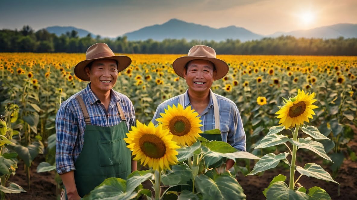 Two smiling Asian farmers stand in a vast sunflower field at sunset. They wear wide-brimmed hats, plaid shirts, and work attire. Vibrant yellow sunflowers surround them, stretching to the horizon. Mountains and forests form a picturesque backdrop. The farmers' expressions radiate pride and happiness, showcasing their connection to the land and crop. This image captures the essence of sunflower farming, emphasizing the beauty of the flowers and the satisfaction of cultivation. The warm light and expansive field suggest the promise of a rich sunflower seed harvest, highlighting the journey from flower to nutritious product.