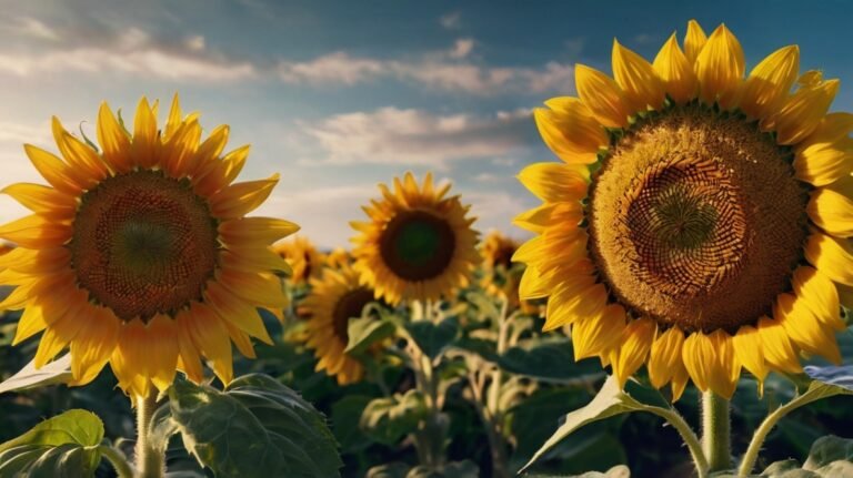 Three large sunflowers dominate the foreground, their vibrant yellow petals and intricate brown centers facing the camera against a backdrop of blue sky with wispy clouds. The sunflowers are in full bloom, showcasing their impressive size and beauty. Behind them, a field of sunflowers stretches into the distance, creating a sea of golden yellow. The image captures the sunflowers at different angles, highlighting the complex spiral patterns of their centers and the texture of their petals. Lush green leaves and sturdy stems support the flowers, indicating a healthy, thriving crop. The warm sunlight casts a golden glow over the scene, emphasizing the natural beauty and vitality of the sunflowers. This image beautifully illustrates the origin of XingYi Trading's premium sunflower seeds, from flourishing field to nutritious snack.