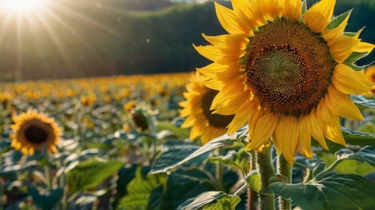 A close-up of a magnificent sunflower dominates the right side of the image, its vibrant yellow petals radiating outward from a large, intricate brown center with a mesmerizing spiral pattern. The flower is in full bloom, showcasing its impressive size and beauty. Sunlight streams in from the left, casting a warm glow across the field and highlighting the texture of the sunflower's petals. Behind the main sunflower, a vast field of sunflowers stretches into the distance, creating a sea of gold and green. The lush leaves of the sunflowers are visible, adding depth and richness to the scene. This image captures the natural beauty and vitality of sunflowers at their peak, illustrating the high-quality source of XingYi Trading's sunflower seeds. The interplay of light and shadow emphasizes the health and vigor of the plants, suggesting the premium nature of the resulting product.