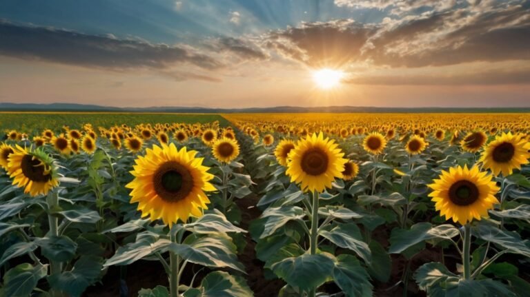 A breathtaking panorama of a vast sunflower field stretching to the horizon under a dramatic sunset sky. Countless sunflowers, future sources of nutritious sunflower seeds, stand tall with their bright yellow petals and dark centers facing the setting sun. The golden light bathes the field, highlighting the lush green leaves and sturdy stems. Sunbeams pierce through clouds, creating a celestial backdrop. This awe-inspiring view showcases the natural beauty and scale of sunflower cultivation, hinting at the abundance of sunflower seeds to come from this thriving crop.