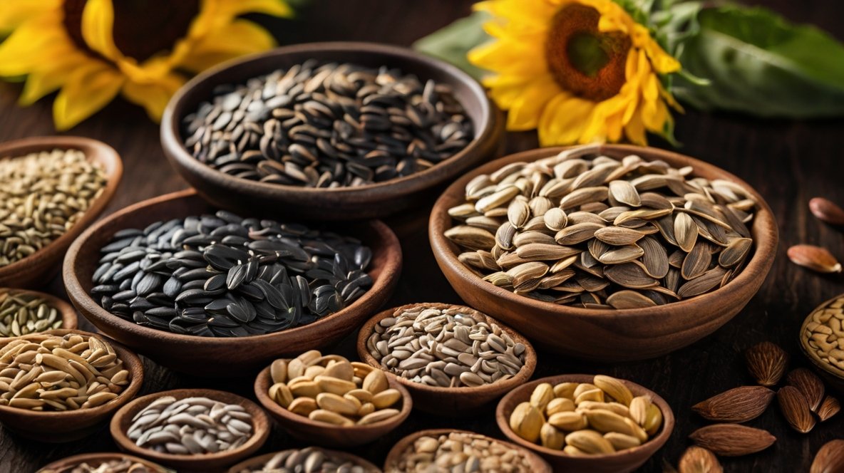 An array of wooden bowls filled with various seeds, including prominent displays of sunflower seeds in different varieties. Black, striped, and golden sunflower seeds are showcased in larger bowls, highlighting their importance. Smaller bowls contain an assortment of other seeds like pumpkin and flax. Bright yellow sunflowers add a vibrant backdrop, connecting the seeds to their source. The rustic wooden table and warm lighting emphasize the natural, wholesome quality of the seeds. This image beautifully captures the diversity of sunflower seeds and their place among other nutritious seed varieties.