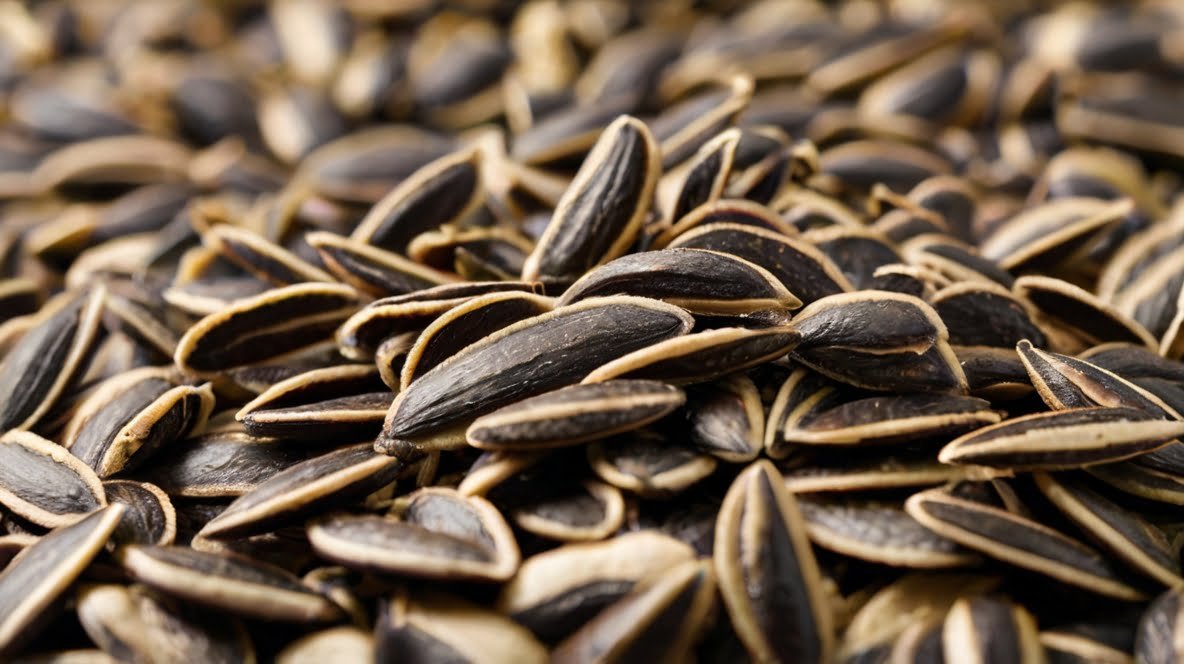 Understanding Sunflower Seed Allergies: A Comprehensive Guide An extreme close-up of black sunflower seeds fills the frame, showcasing their distinctive elongated shape and slightly curved edges. The seeds are piled together, creating an intricate pattern of overlapping forms. The dark, glossy shells of the seeds contrast beautifully with their lighter, tan-colored edges, highlighting the natural striations and texture of each seed. This macro view emphasizes the seeds' uniformity and quality, while also revealing subtle variations in size and coloration. The image captures the raw beauty and abundance of sunflower seeds, presenting them as both a wholesome snack and a versatile ingredient. The rich, earthy tones evoke a sense of natural, unprocessed goodness.