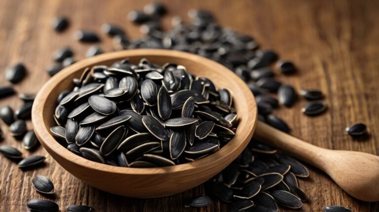 A wooden bowl brimming with black sunflower seeds sits on a textured wooden surface. The seeds' glossy dark shells contrast with their light edges, showcasing their quality. Some seeds spill onto the table, emphasizing abundance. A wooden spoon rests beside the bowl, suggesting culinary use. The warm tones of the wooden elements complement the cool, sleek appearance of the sunflower seeds. This close-up image captures the texture and appeal of black sunflower seeds, highlighting their potential as a nutritious snack or versatile cooking ingredient. The rustic setting underscores the seeds' natural, wholesome character.