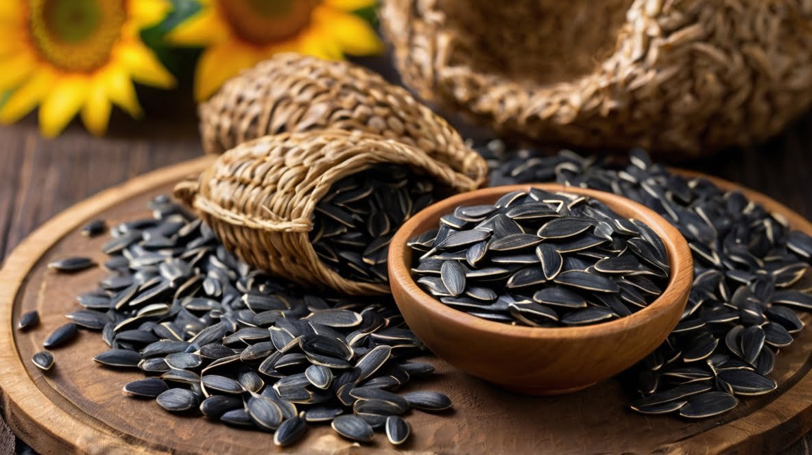 The Nutrition of Sunflower Seeds: Nature's Powerhouse in a Tiny Package A rustic wooden platter displays an abundance of black sunflower seeds. A small wooden bowl is filled with seeds, while more spill across the platter. A woven basket tipped on its side adds texture, suggesting freshly harvested seeds. In the background, vibrant yellow sunflowers provide a colorful contrast, connecting the seeds to their source. The seeds' distinctive elongated shape and striped pattern are clearly visible. This image beautifully captures the journey from sunflower to edible seed, showcasing their natural appeal as both a nutritious snack and versatile ingredient. The warm wooden tones complement the dark seeds, creating an inviting, farm-fresh aesthetic.