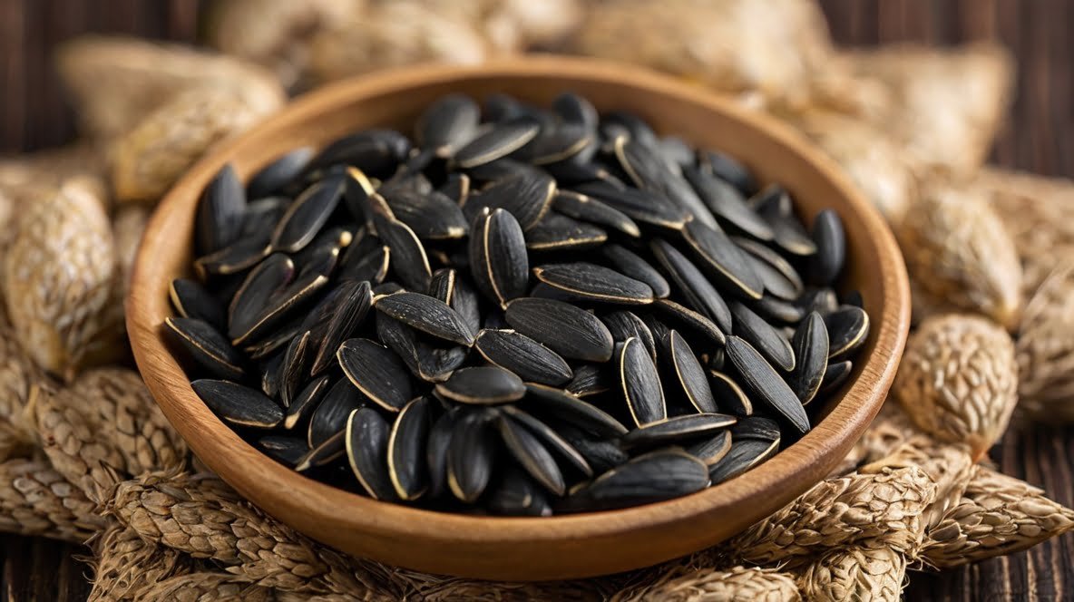 Sunflower Seeds for Birds: A Comprehensive Guide from XingYi Trading A wooden bowl filled to the brim with black sunflower seeds takes center stage on a rustic wooden surface. The seeds' distinctive elongated shape and slightly curved edges are clearly visible, showcasing their quality. Surrounding the bowl are several stalks of dried wheat, creating a natural frame and emphasizing the agricultural connection. The golden wheat contrasts beautifully with the dark seeds, highlighting both crops' importance. This image captures the wholesome appeal of sunflower seeds as both a nutritious snack and versatile ingredient. The warm tones of the wood and wheat complement the glossy black seeds, creating an inviting, farm-fresh aesthetic that underscores the natural goodness of these harvested products.