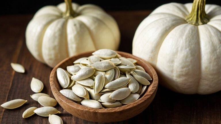 A rustic wooden bowl filled with white pumpkin seeds sits between two whole white pumpkins on a dark wooden surface. The seeds are pale and oval-shaped, showcasing their nutritious appeal. This image illustrates the journey of pumpkin seeds from gourd to gourmet snack, highlighting their versatility in cooking and potential as an allergen for some individuals.