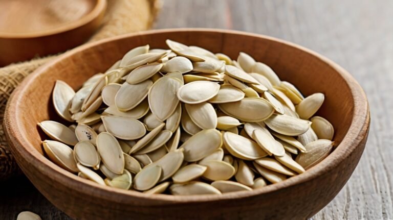 A wooden bowl filled with white pumpkin seeds sits on a rustic wooden surface. The seeds are flat, oval-shaped, and have a pale ivory color. Their smooth surfaces gleam slightly, showcasing their natural oils. The bowl is heaped with seeds, emphasizing the abundance and nutritional value of this healthy snack. This image highlights the raw, natural state of pumpkin seeds, ready for consumption or culinary use.