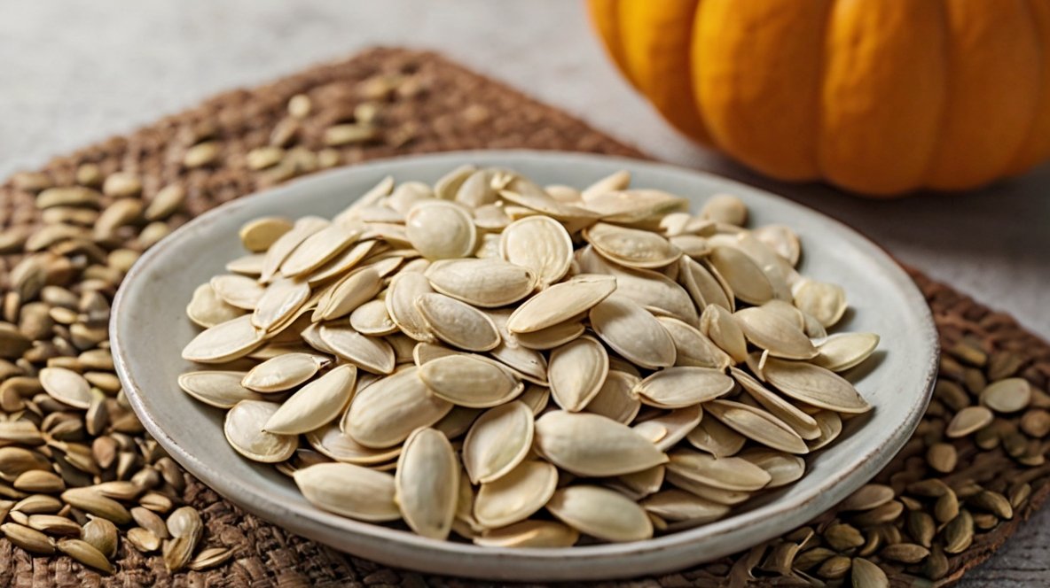 The Ultimate Guide to Roasting Pumpkin Seeds: Elevate Your Snack Game A white ceramic plate filled with hulled pumpkin seeds sits on a brown woven placemat. The seeds are flat, oval-shaped, and pale in color, showcasing their natural, unroasted state. In the background, a vibrant orange pumpkin is partially visible, creating a seasonal autumn theme. Some seeds are scattered on the placemat around the plate, adding to the rustic presentation. This image highlights the connection between the whole pumpkin and its nutritious seeds, emphasizing their role in fall cuisine and snacking.