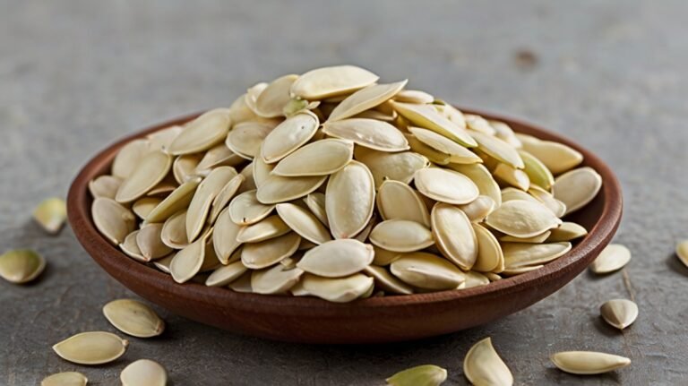 A shallow wooden bowl overflowing with white pumpkin seeds sits on a textured gray surface. The seeds are flat, oval-shaped, and pale ivory in color, showcasing their natural, unshelled state. Some seeds have spilled onto the surface around the bowl, adding to the sense of abundance. The warm tones of the wooden bowl contrast nicely with the cool gray background, highlighting the creamy color of the seeds. This image emphasizes the nutritional value and versatility of pumpkin seeds as a healthy snack or culinary ingredient.