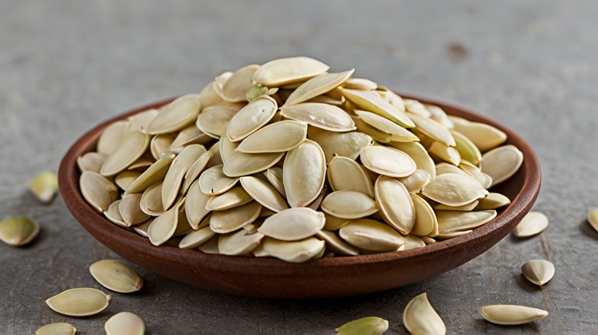 Pumpkin Seed Nutrition: Nature's Powerhouse from XingYi Trading A shallow wooden bowl overflowing with white pumpkin seeds sits on a textured gray surface. The seeds are flat, oval-shaped, and pale ivory in color, showcasing their natural, unshelled state. Some seeds have spilled onto the surface around the bowl, adding to the sense of abundance. The warm tones of the wooden bowl contrast nicely with the cool gray background, highlighting the creamy color of the seeds. This image emphasizes the nutritional value and versatility of pumpkin seeds as a healthy snack or culinary ingredient.
