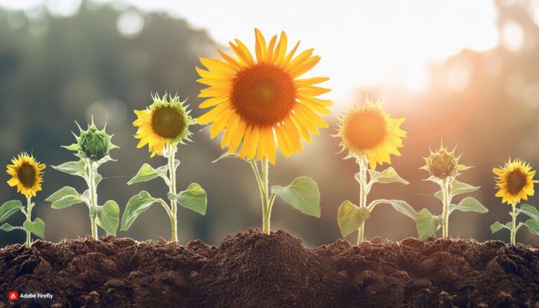 A series of sunflowers at different growth stages are shown in a single image, illustrating the plant's life cycle. In the foreground, rich brown soil is visible. The sunflowers progress from small seedlings on the left to fully grown, large blooms on the right. Each stage shows increasing height and size, with the leaves becoming larger and the flower heads developing. The largest sunflower in the center is in full bloom with vibrant yellow petals and a large brown center. Soft, warm sunlight bathes the scene, creating a golden glow and bokeh effect in the background. This image beautifully captures the growth journey of sunflowers, from tiny sprouts to majestic flowers, symbolizing the care and quality that goes into XingYi Trading's sunflower seed production.