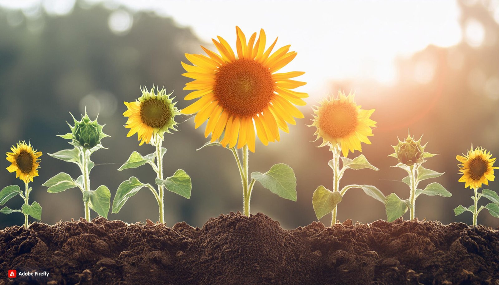 The Ultimate Guide to Preparing Soil for Planting Sunflower Seeds A series of sunflowers at different growth stages are shown in a single image, illustrating the plant's life cycle. In the foreground, rich brown soil is visible. The sunflowers progress from small seedlings on the left to fully grown, large blooms on the right. Each stage shows increasing height and size, with the leaves becoming larger and the flower heads developing. The largest sunflower in the center is in full bloom with vibrant yellow petals and a large brown center. Soft, warm sunlight bathes the scene, creating a golden glow and bokeh effect in the background. This image beautifully captures the growth journey of sunflowers, from tiny sprouts to majestic flowers, symbolizing the care and quality that goes into XingYi Trading's sunflower seed production.