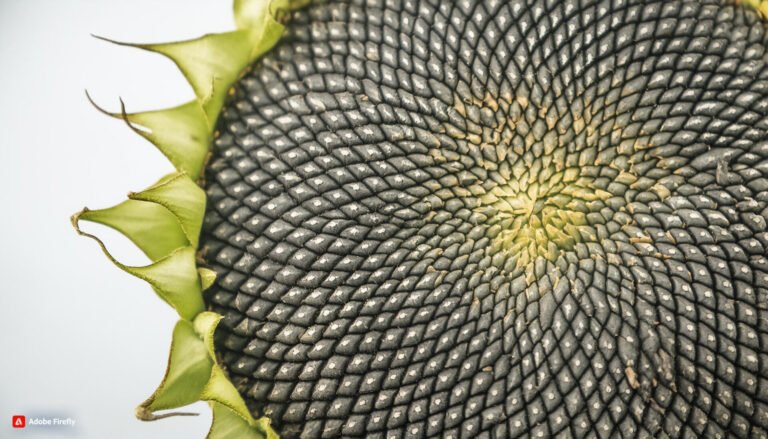 A close-up macro shot of a mature sunflower head, showcasing the intricate spiral pattern of black sunflower seeds. The seeds are tightly packed in a mesmerizing Fibonacci sequence, creating a hypnotic swirl effect from the center outwards. The seeds appear plump and glossy, indicating their high quality and readiness for harvest. At the edge of the frame, a portion of the sunflower's green outer leaves is visible, providing a stark color contrast to the dark seeds. The image captures the remarkable natural geometry of the sunflower, highlighting the beauty and precision in XingYi Trading's carefully cultivated black sunflower seeds.