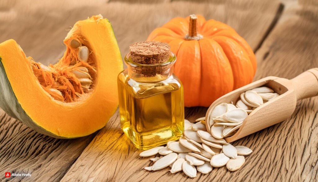 A rustic wooden table displays various pumpkin products. A sliced orange pumpkin reveals its seeds, while a whole pumpkin sits nearby. Center stage is a small bottle of golden pumpkin seed oil. To the right, a wooden scoop overflows with white hulled pumpkin seeds. This arrangement showcases the versatility of pumpkins, from their flesh to their seeds and oil, highlighting their nutritional value and culinary uses.