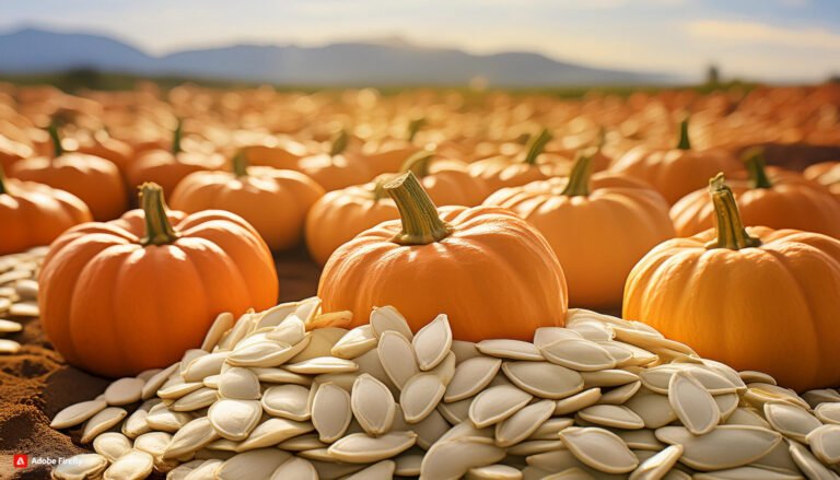 A picturesque pumpkin field stretches towards distant mountains under a warm sky. In the foreground, plump orange pumpkins sit atop soil, with a large pile of white pumpkin seeds prominently displayed. The seeds are flat, oval-shaped, and creamy in color, contrasting with the vibrant orange pumpkins. This image captures the full cycle of pumpkin cultivation, from the nutrient-rich seeds to the bountiful harvest, showcasing the agricultural importance of pumpkin seeds in producing a field full of ripe pumpkins.