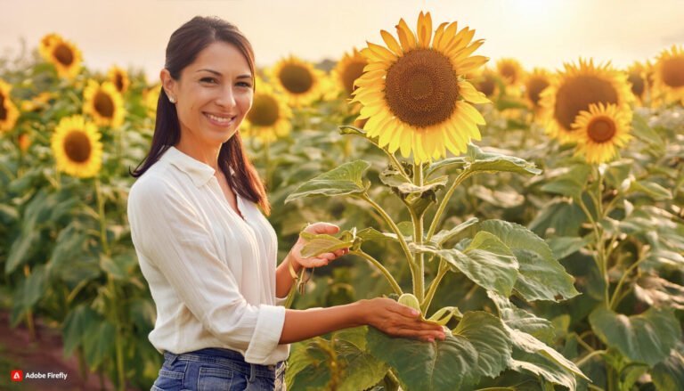 A smiling woman in a white shirt stands in a vast sunflower field at sunset. She gently touches a tall sunflower plant, its large yellow bloom towering above her. The field stretches into the distance, filled with vibrant sunflowers in full bloom. The warm golden light of the setting sun bathes the scene, highlighting the woman's friendly expression and the rich colors of the sunflowers. This image captures the care and personal attention given to sunflower cultivation, symbolizing XingYi Trading's dedication to producing high-quality sunflower seeds. The lush, healthy plants and serene atmosphere convey a sense of natural beauty and sustainable farming practices.