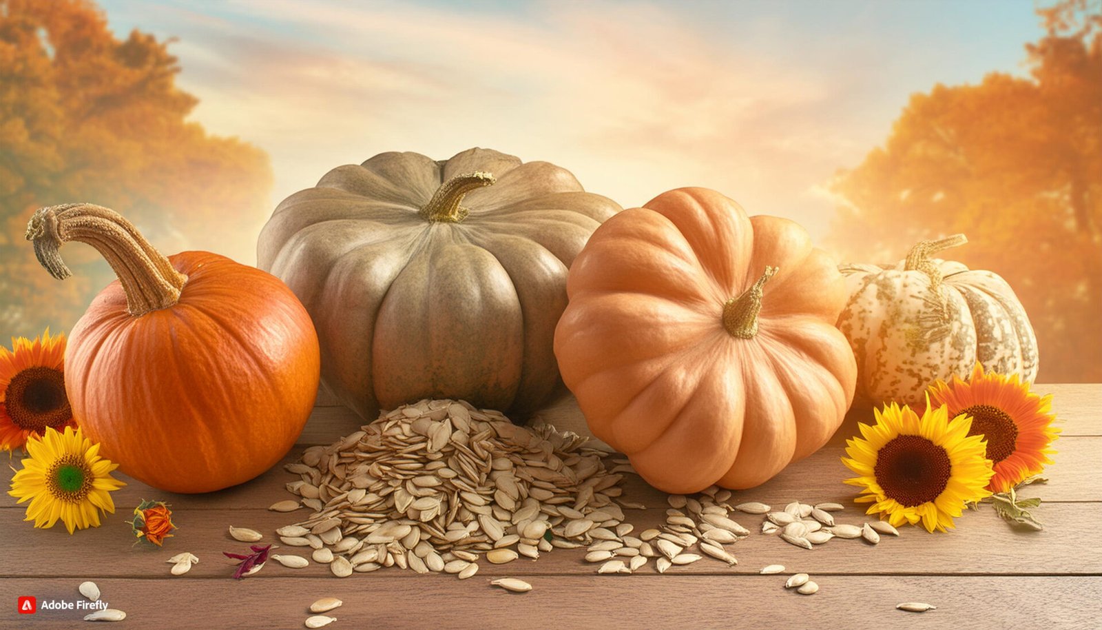 A vibrant autumn scene featuring various pumpkins and a pile of pumpkin seeds. Four pumpkins of different colors and sizes are displayed on a wooden surface, accompanied by sunflowers. In the center, a mound of hulled pumpkin seeds showcases their flat, oval shape. The background depicts a warm sunset, highlighting the seasonal nature of pumpkin seed harvesting and their nutritional value.