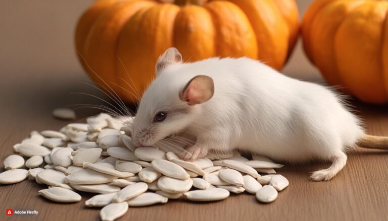 A white mouse investigates a pile of hulled pumpkin seeds on a wooden surface. The seeds are flat, oval-shaped, and pale in color. In the background, orange pumpkins are visible, creating an autumn-themed setting. This image illustrates the appeal of pumpkin seeds as a potential treat for small animals, while showcasing the seeds' size and appearance.