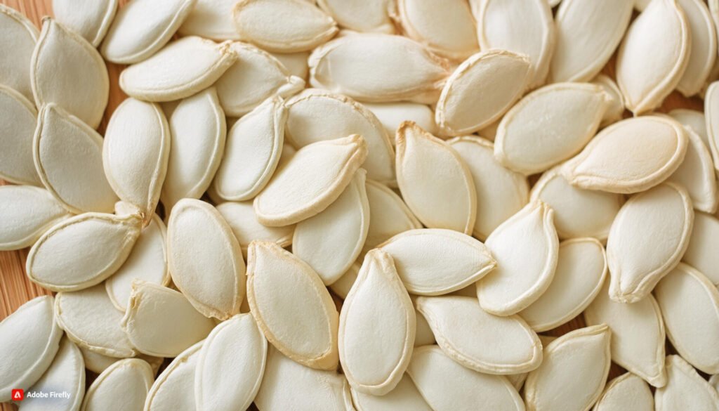 Close-up of white, hulled pumpkin seeds scattered across the frame. The seeds are flat and oval-shaped with pointed ends, showcasing their smooth, pale ivory surface. Their uniform size and shape are clearly visible, highlighting the quality of these nutritious seeds. This image captures the natural beauty of pumpkin seeds, a food with ancient origins and modern nutritional importance.