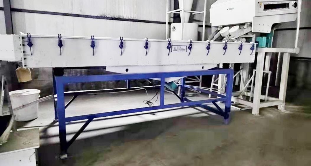 Industrial seed cleaning process in action. The image shows a large metal machine with multiple levels of vibrating screens. Seeds or grains are visible falling through the screens, separating different sizes or qualities. The process appears to be a primary screening stage in seed or grain processing, efficiently sorting large quantities of product.