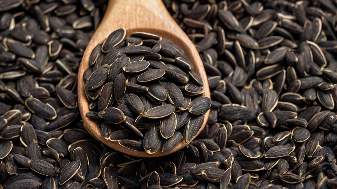 Benefits of Sunflower Seeds for Diabetes Management: Nature's Sweet Solution A wooden spoon filled with glossy black sunflower seeds rests on a bed of more seeds. The spoon's warm wooden tone contrasts beautifully with the dark, oval-shaped seeds. The seeds' distinctive striped edges are visible, highlighting their quality. The image is a close-up, showing the texture and abundance of the sunflower seeds, which spill beyond the spoon onto the surface below. This visually appealing arrangement showcases the natural beauty and nutritional potential of these seeds, inviting viewers to appreciate their culinary and health benefits.