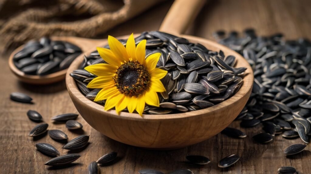 The Role of Sunflower Seeds in Weight Management: Nature's Tiny Weight Loss Allies A wooden bowl filled with black sunflower seeds sits on a rustic table. A bright yellow sunflower rests atop the seeds, creating a striking contrast. More seeds spill onto the table, emphasizing abundance. In the background, a wooden spoon with seeds and burlap fabric add texture. The image beautifully connects the sunflower to its seeds, showcasing the natural journey from flower to nutritious snack. The arrangement highlights the quality and freshness of these sunflower seeds, inviting viewers to appreciate their wholesome appeal and culinary potential.