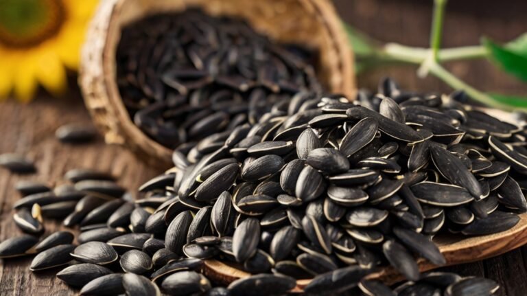 A rustic wooden surface displays an abundance of black sunflower seeds. A small woven basket in the background is overflowing with seeds, while a larger pile spills across the foreground. The glossy, dark seeds contrast beautifully with the warm wood tones. A hint of a bright yellow sunflower and green leaves are visible, connecting the seeds to their natural origins. This image showcases the quality and freshness of sunflower seeds, emphasizing their appeal as a wholesome snack or ingredient.