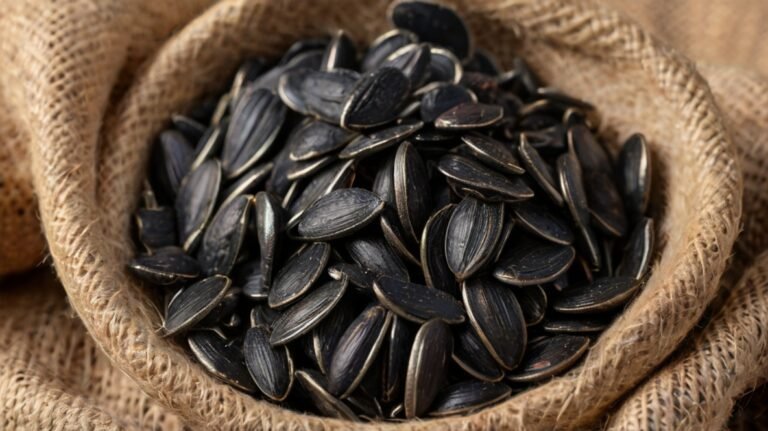 A burlap sack cradles a generous portion of black sunflower seeds, showcasing their glossy, elongated shape. The seeds' dark hues contrast beautifully with the rough texture of the sack, emphasizing their natural beauty. Some seeds display subtle striping, adding visual interest. This close-up view highlights the quality and abundance of the sunflower seeds, ready for snacking or culinary use. The rustic presentation underscores the seeds' wholesome, nutritious nature as a versatile ingredient or healthy snack option.