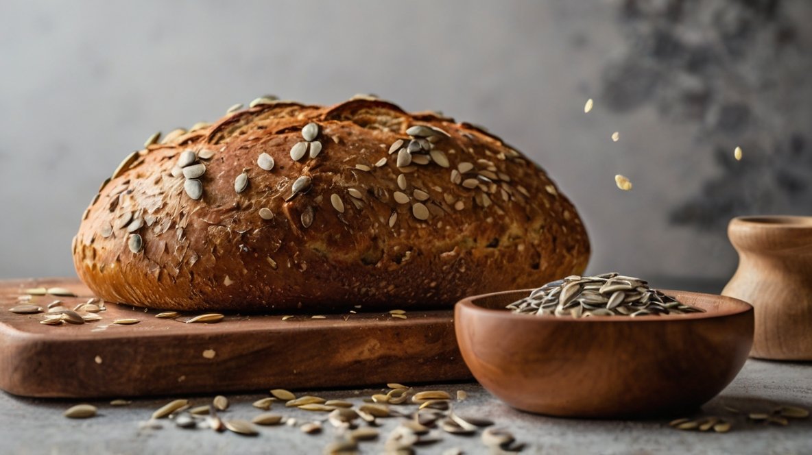 Baking Bread with Sunflower Seeds: A Delicious Adventure A golden-brown loaf of artisanal bread sits on a wooden board, generously topped with sunflower seeds. Beside it, a small wooden bowl brims with more sunflower seeds. The bread's crust glistens, showcasing the perfect bake. Loose sunflower seeds are scattered around, emphasizing their importance in this rustic creation. This image beautifully captures the fusion of traditional baking with the nutritional boost of sunflower seeds.
