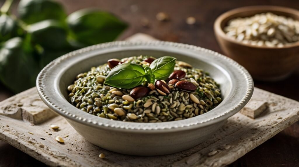 Sunflower Seed Pesto: A Nutty Twist on a Classic Sauce An elegant ceramic bowl filled with vibrant green pesto, generously topped with sunflower seeds, pine nuts, and olives. A fresh basil leaf garnishes the center. The bowl rests on a rustic stone tile, with fresh basil leaves and a small wooden bowl of sunflower seeds in the background. This image showcases the versatility of sunflower seeds in gourmet cooking, blending traditional Italian flavors with the nutritious crunch of seeds.