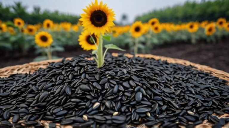 A large basket overflowing with glossy black sunflower seeds sits in the foreground of a sunflower field. Behind the basket, a vibrant sunflower stands tall, symbolizing the source of these nutritious seeds. The background reveals rows of sunflowers stretching into the distance, showcasing the scale of sunflower seed production. This image beautifully captures the connection between the growing sunflowers and the harvested seeds, highlighting the abundance and versatility of sunflower seeds as a nutritious food source.