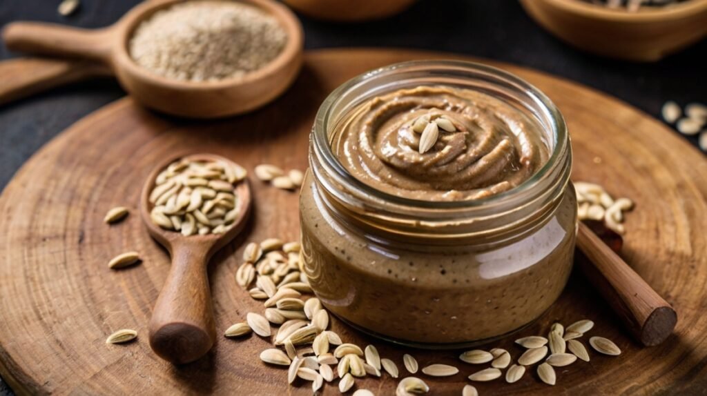 A glass jar of creamy sunflower seed butter sits on a wooden board, surrounded by whole sunflower seeds. The butter's smooth texture is visible, with a swirl on top garnished with seeds. Wooden spoons holding whole and ground seeds flank the jar. This image showcases the transformation of sunflower seeds into a rich, spreadable butter, highlighting their versatility as a nutritious food. The warm, earthy tones emphasize the natural, wholesome quality of sunflower seed products.