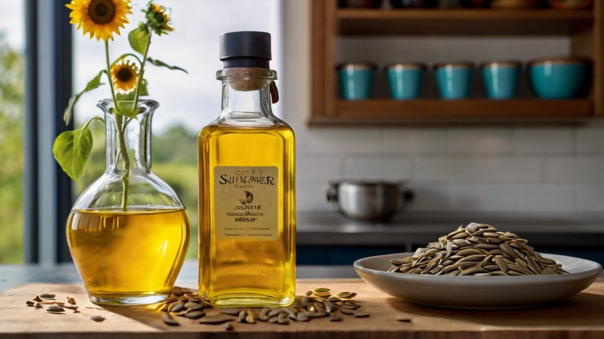 A kitchen countertop displays various forms of sunflower products. In the foreground, two glass bottles of golden sunflower oil stand prominently. One is a decorative, bulbous bottle, while the other is a rectangular bottle labeled 'Sunflower'. To the right, a white plate holds a mound of raw sunflower seeds. Scattered seeds are also visible on the counter surface. In the background left, a clear vase holds fresh sunflowers, creating a visual connection between the plant and its products. The scene is set in a kitchen, with teal-colored containers visible on a shelf in the background. Natural light from a window illuminates the scene, highlighting the rich, golden color of the oil. This image showcases the journey of sunflowers from seed to culinary oil, emphasizing its natural, wholesome qualities.