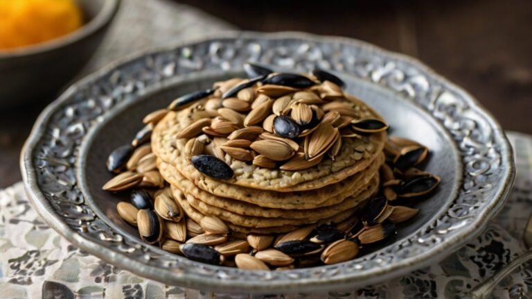 A stack of golden pancakes sits on an ornate silver plate, generously topped and surrounded by a mix of striped and black sunflower seeds. The pancakes appear to have sunflower seeds baked into them, visible on their surface. The contrast between the light-colored pancakes and the darker seeds creates an appetizing visual. The silver plate rests on a patterned cloth, adding to the rustic, homemade feel of the dish. This image showcases an innovative use of sunflower seeds in cooking, transforming a classic breakfast item into a nutrient-rich, texture-filled meal.