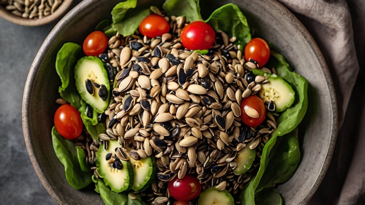 A close-up view of a vibrant salad in a gray ceramic bowl. The salad is centered around a generous mound of mixed sunflower seeds, featuring both light and dark varieties. Surrounding the seeds are fresh green lettuce leaves, creating a bed for the other ingredients. Bright red cherry tomatoes are scattered throughout, providing pops of color. Slices of green cucumber add freshness and texture to the mix. The combination of colors - the tan and black of the seeds, the deep green of the lettuce, the red of the tomatoes, and the light green of the cucumber - creates an appetizing and visually appealing dish. In the top left corner, a small wooden bowl containing additional sunflower seeds is partially visible, suggesting the option to add more to taste. The image showcases a healthy, nutrient-rich salad that highlights sunflower seeds as a key ingredient.