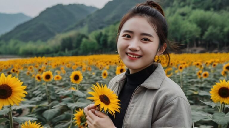 A young woman smiles brightly while standing in a vast field of sunflowers. She has dark hair tied up in a bun and is wearing a black top with a light-colored jacket. The woman is gently holding a sunflower bloom in her hand. Behind her, the sunflower field stretches out, creating a sea of yellow flowers against green foliage. In the background, lush green mountains are visible, adding depth to the landscape. The image captures a moment of happiness and connection with nature, showcasing the beauty of the sunflower farm and its picturesque surroundings.