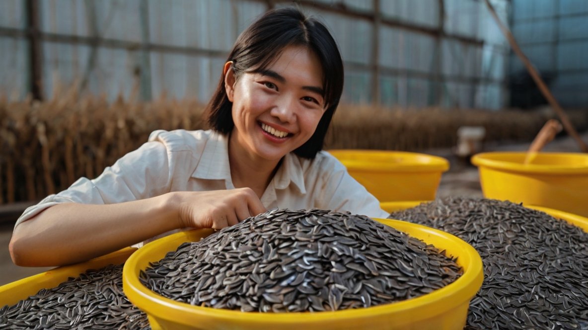 From Field to Table: XingYi Trading's Guide to Processing Sunflower Seeds After Harvest A young woman with short dark hair and a bright smile leans over large yellow containers filled with black sunflower seeds. She's wearing a white shirt and appears to be in an agricultural setting, possibly a greenhouse or processing facility. Her hand rests on the edge of one of the containers, suggesting a sense of pride in the harvest. The containers are brimming with sunflower seeds, showcasing the abundance of the crop. In the background, there are hints of dried plants or stalks, likely from the sunflower harvest. The image captures a moment of satisfaction and connection between the worker and the agricultural product.