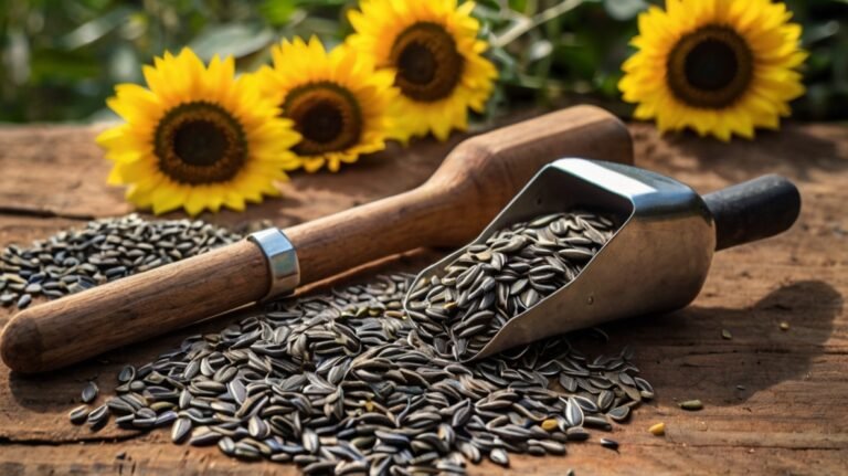 A rustic wooden surface displays a collection of sunflower-related items. In the foreground, a metal scoop is filled with black and white striped sunflower seeds, which are spilling onto the surface. Next to it lies a wooden mallet or hammer. Behind these tools, a pile of sunflower seeds is spread out. In the background, four vibrant yellow sunflowers are arranged, their large, dark centers contrasting with the bright petals. The scene captures the process of sunflower seed harvesting, from the blooming flowers to the collected seeds, along with some of the tools used in the process. The warm tones of the wood and the bright yellow of the flowers create a visually appealing composition that speaks to the agricultural nature of sunflower cultivation.