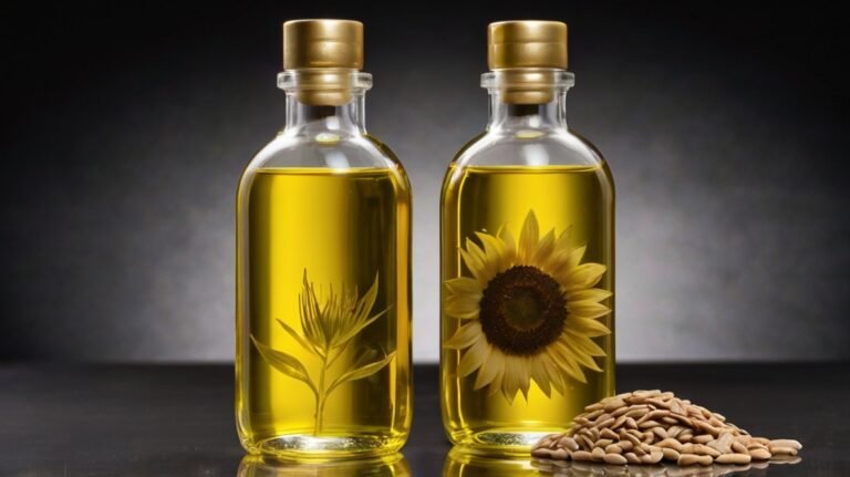 Two glass bottles of golden oil stand side by side on a dark surface against a gradient gray background. The bottle on the left contains a delicate sunflower plant submerged in the oil, while the right bottle showcases a full sunflower bloom immersed in the liquid. Both bottles have gold-colored caps. In front of the bottles, a small pile of sunflower seeds is visible, connecting the raw ingredient to the final product. The oil's rich, amber color is beautifully illuminated, emphasizing its purity and quality. This image effectively illustrates the journey from sunflower seed to oil, highlighting both the natural origin and the refined end product.