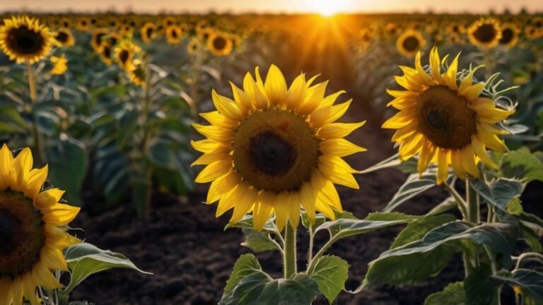 A vast sunflower field bathed in the warm light of sunset. In the foreground, several large sunflowers are in sharp focus, their vibrant yellow petals and dark brown centers clearly visible. The flowers face different directions, with some looking directly at the camera. Behind them, the field stretches to the horizon, creating a sea of golden sunflower heads. The sun is setting in the background, its rays peeking through the flowers and creating a beautiful backlit effect. The sky has a soft, warm glow, indicating the 'golden hour' just before sunset. The image captures the beauty and scale of a sunflower farm at its most picturesque moment of the day