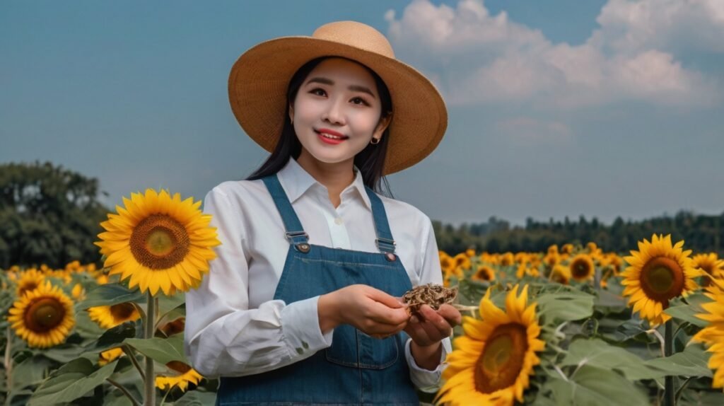 The Golden Moment: Mastering the Art of Sunflower Seed Harvesting A young woman stands in a vibrant sunflower field, surrounded by tall, blooming sunflowers. She wears a wide-brimmed straw hat, a white shirt, and denim overalls, giving her a quintessential farmer's appearance. Her hands are cupped, holding what appears to be sunflower seeds or a small sunflower head. She has a warm, genuine smile on her face as she looks directly at the camera. The background showcases a vast field of sunflowers stretching into the distance, with a clear blue sky dotted with a few clouds above. The image captures the essence of sunflower farming, blending the beauty of nature with the satisfaction of a bountiful harvest.